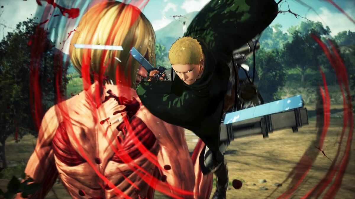 Reiner Braum of the Cadet Corps attacking an abnormal Titan