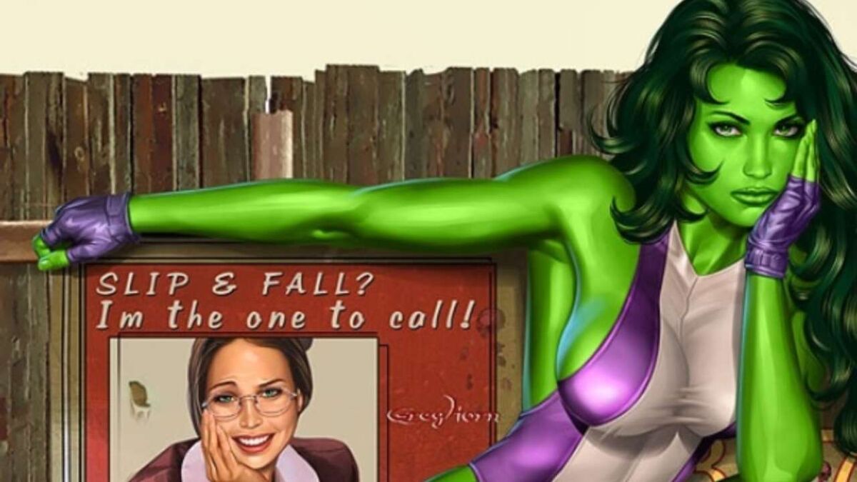 The She-Hulk sitting on a bench that has an advertisement for her alter-ego Jennifer Walters' law firm. 