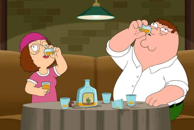 Meg and Peter from Family Guy drinking together