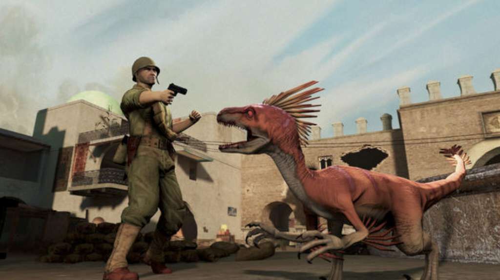 A US Army soldier fights a Velociraptor during World War II.