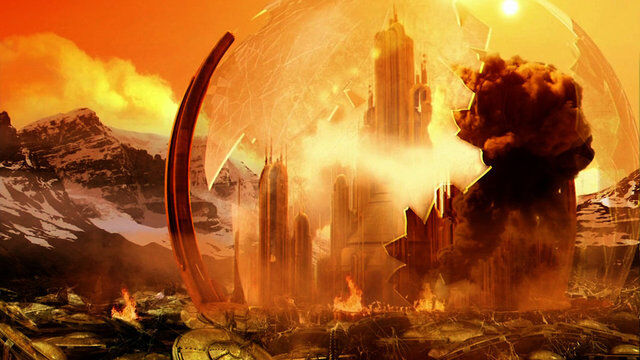 The planet Gallifrey is seen exploding, its outer atmosphere shattered like glass.