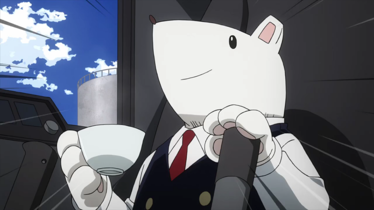 Principal Nezu drinking a cup of tea whilst piloting a giant robot.