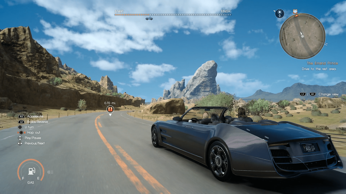 A screenshot of the Final Fantasy XV team driving down the highway.