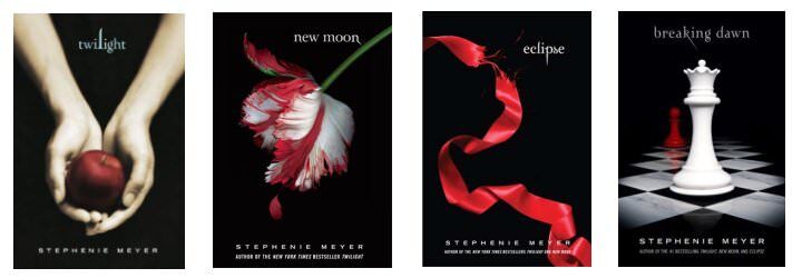 All four of the book covers of the Twilight series shown together in a row.