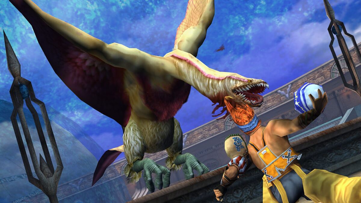 Wakka fighting garuda creature with blitzball from game Final Fantasy X