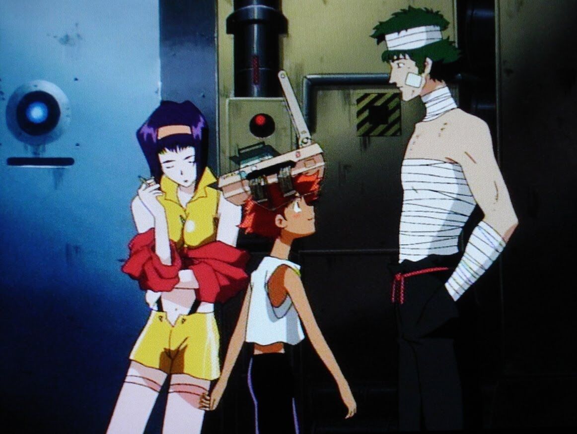 Spike in bandages with Faye and Ein from Cowboy Bebop