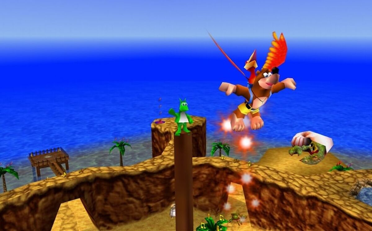 Kazooie flying Banjo over Treasure Trove Cove