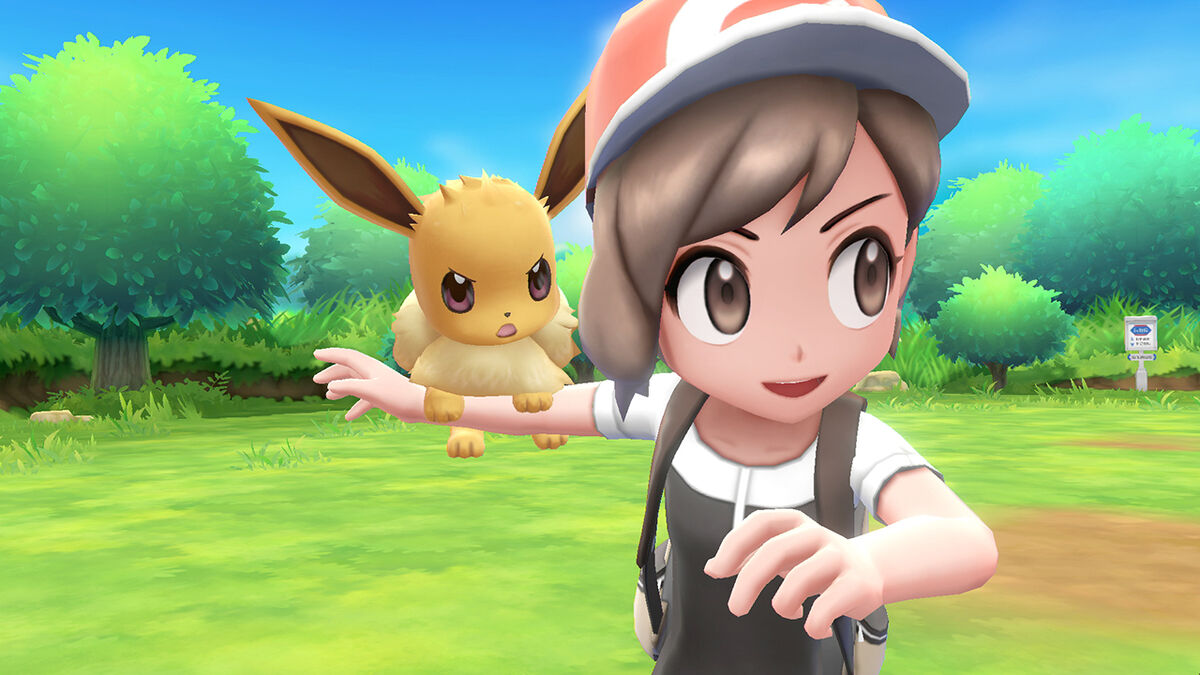 Pokemon- Let&#039;s Go female trainer with Eevee on arm