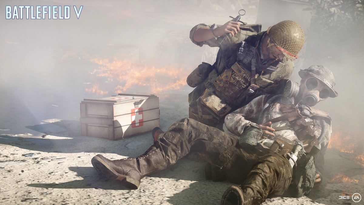 A medic stabs a syringe into a soldier in Battlefield V
