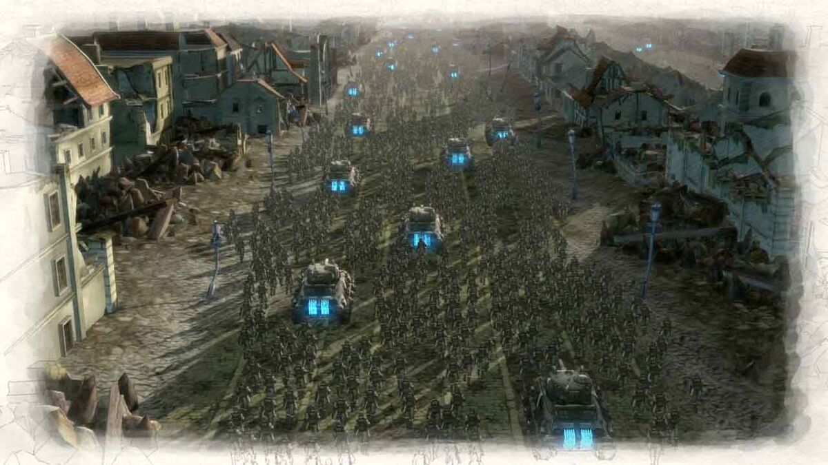 Valkyria Chronicles 4 tanks and troops marching to war.