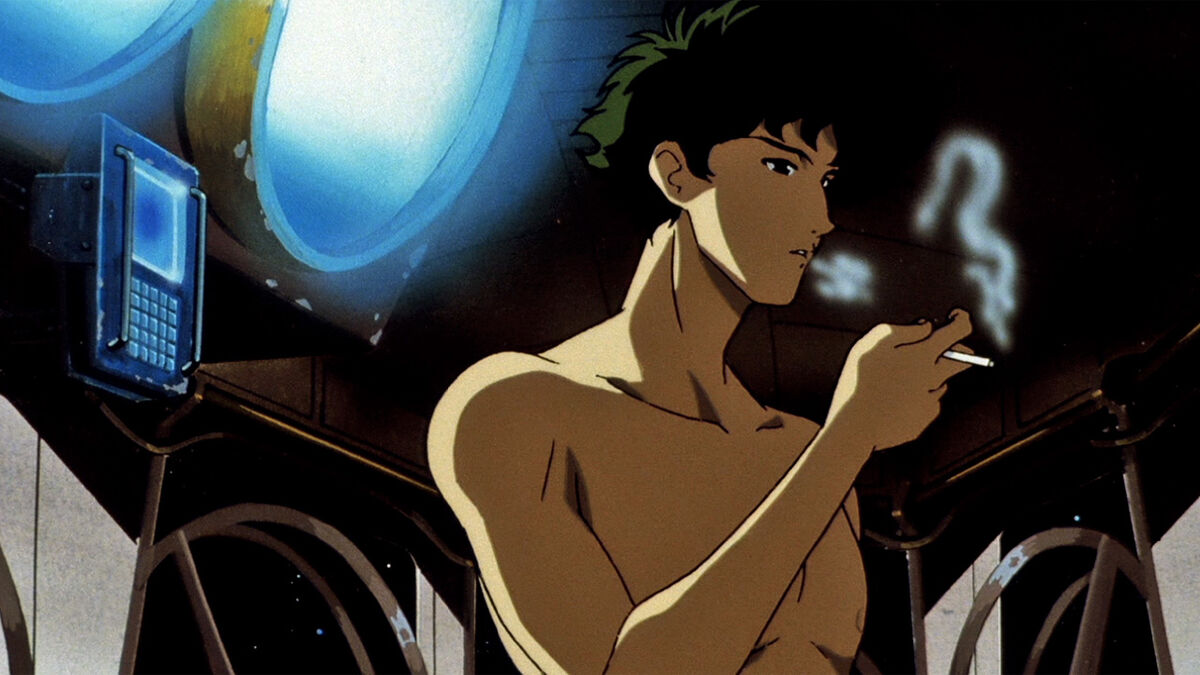 Spike from Cowboy Bebop smoking a cigarette without a shirt