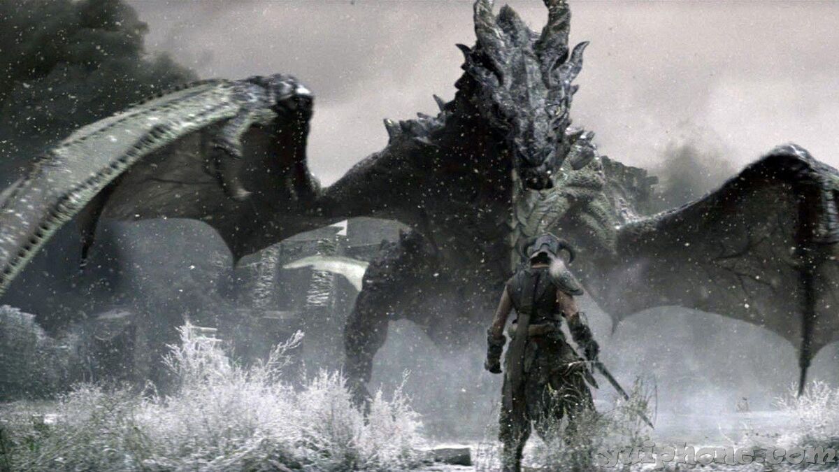 The Dragonborn confronting a dragon in Skyrim.