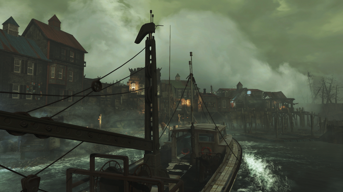 A foggy view of Far Harbor from a boat