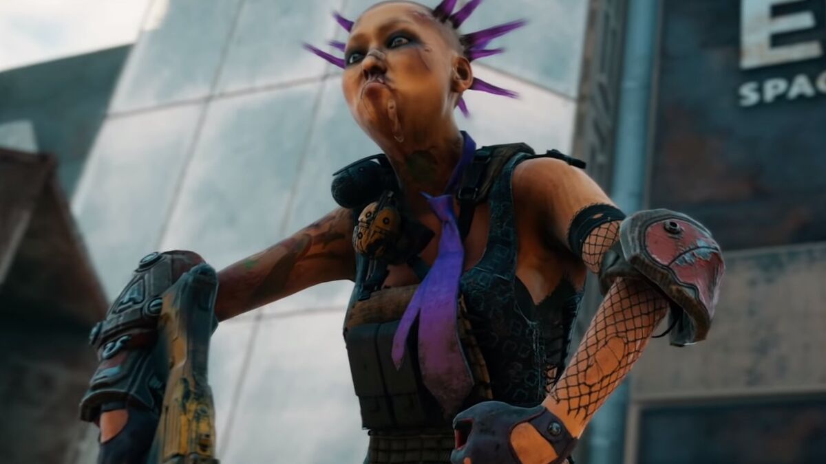 Flexing bandit punk enemy in Rage 2 spiked hair