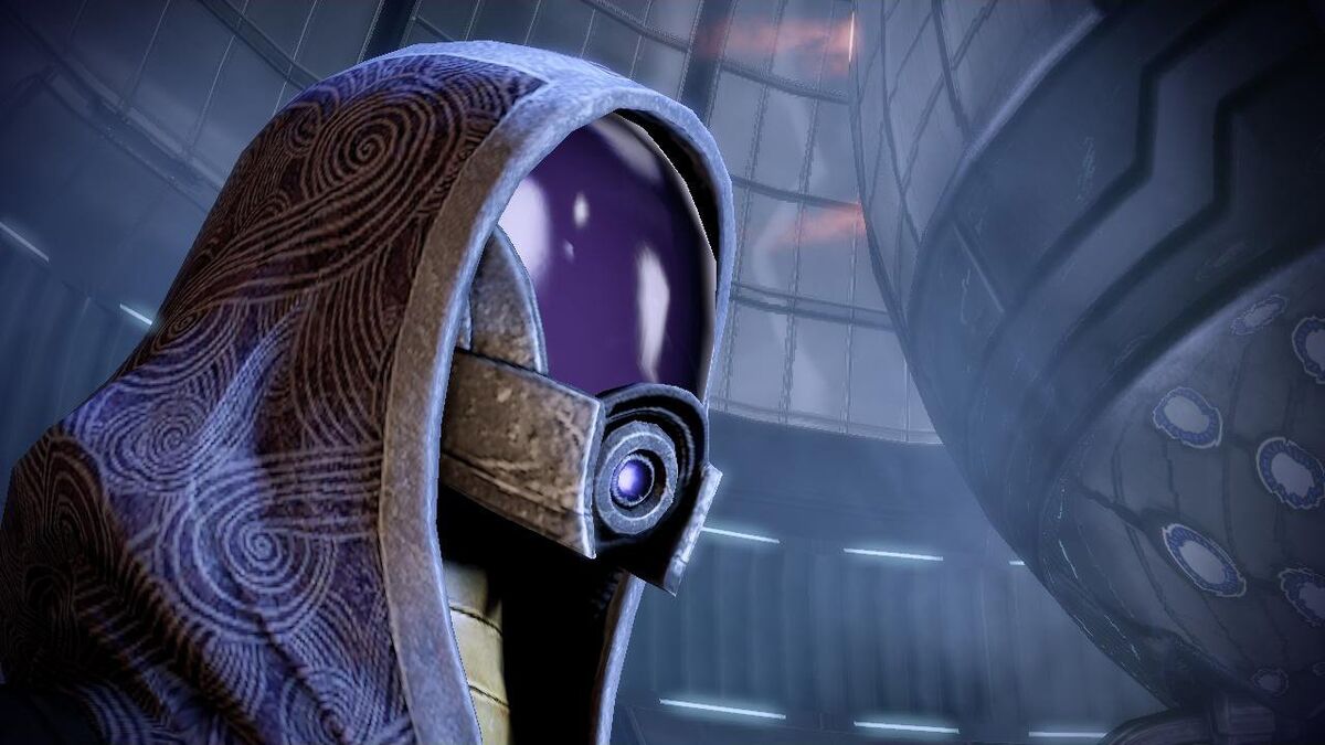 An image of a member of the quarian race from Mass Effect.