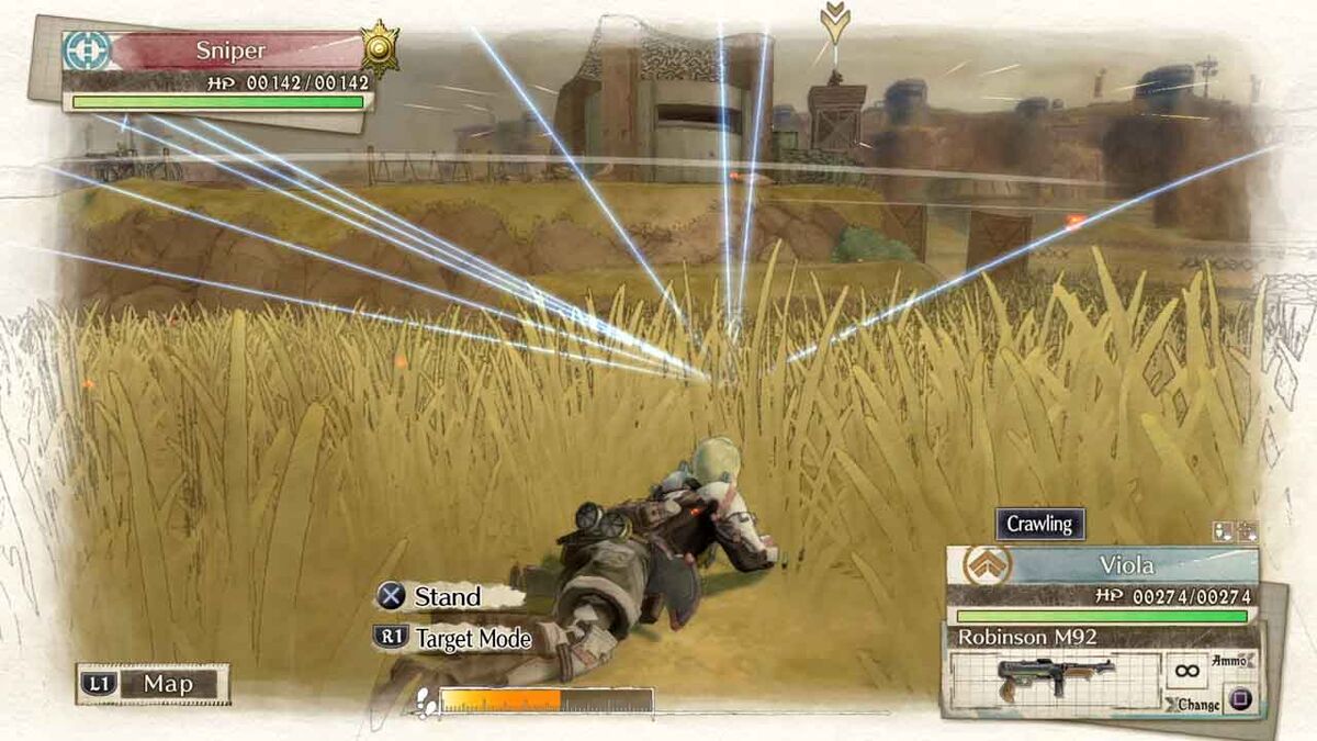 Soldier crawls through the grass to avoid fire in Valkyria Chronicles 4.