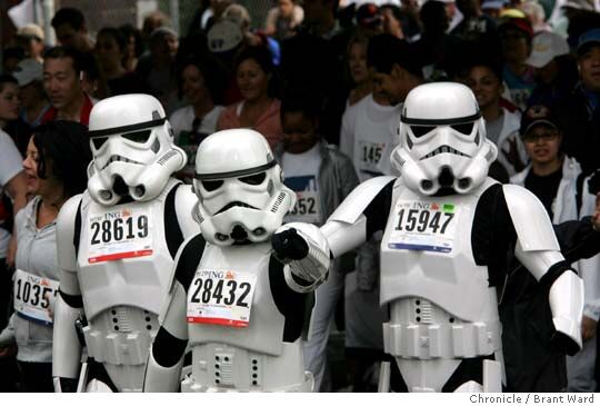 breakers063_ward.jpg Storm troopers from the Star Wars movies were in attendance Sunday probably the best for rain, but the rain amounted to much. Tens of thousands took to the streets of San Francisco for the annual Bay to Breakers footrace. Brant Ward/The Chronicle} 5/21/06