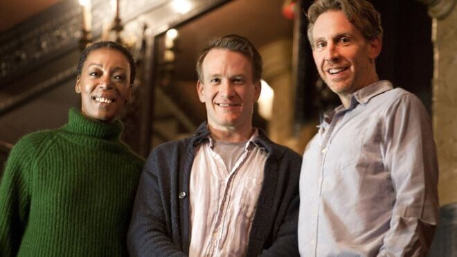 L-R Noma Dumezweni (Hermione Granger), Jamie Parker (Harry Potter) and Paul Thornley (Ron Weasley)