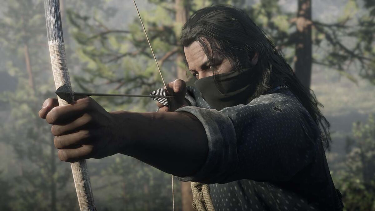 Bandana character draws bow and arrow in RDR2.