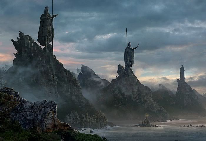 Artwork of warrior statues watching the coastline of Numenor.