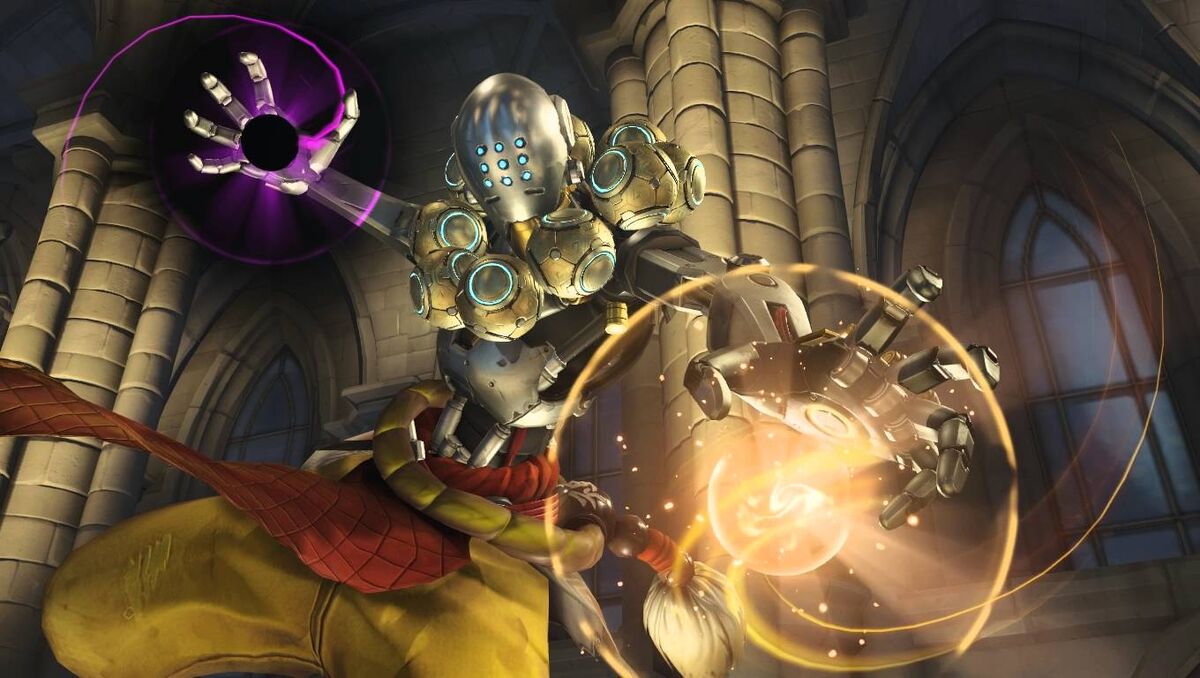 Zenyatta wielding the Harmony and Discord orbs.