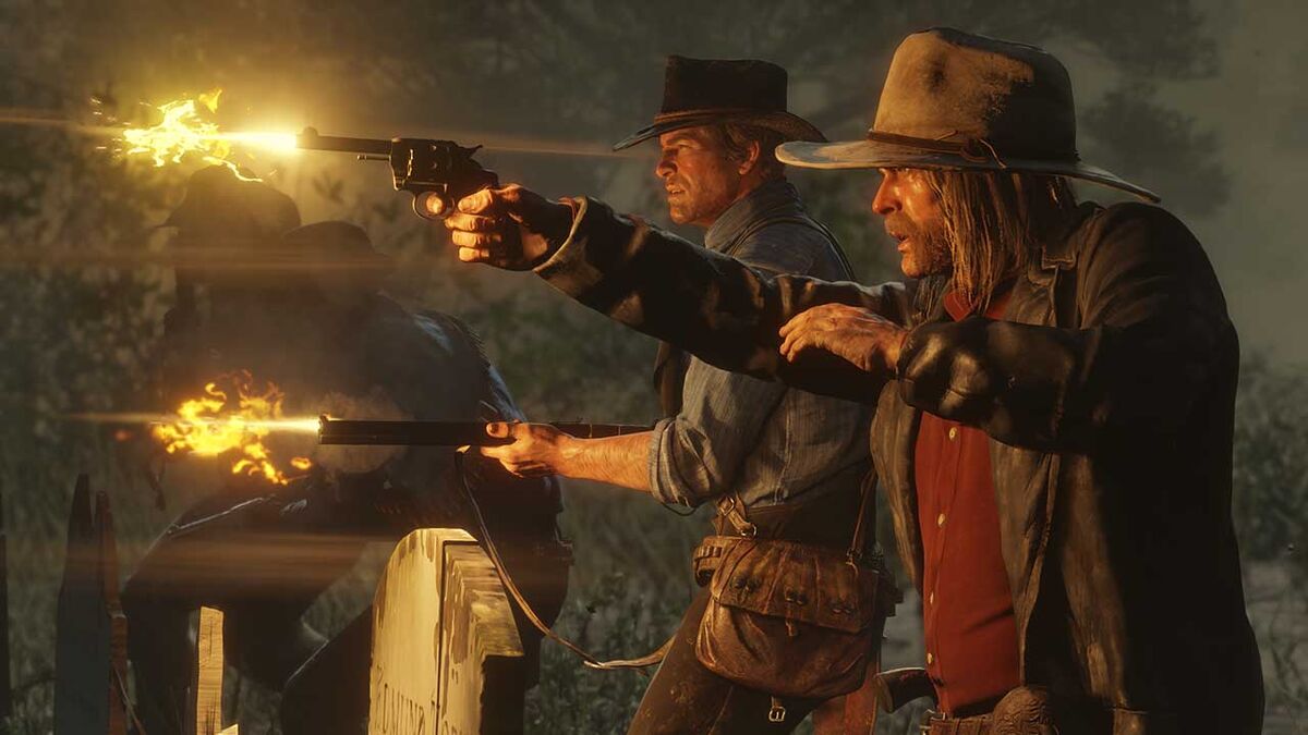 Arthur Morgan and gang mate in a firefight in Red Dead Redemption 2.
