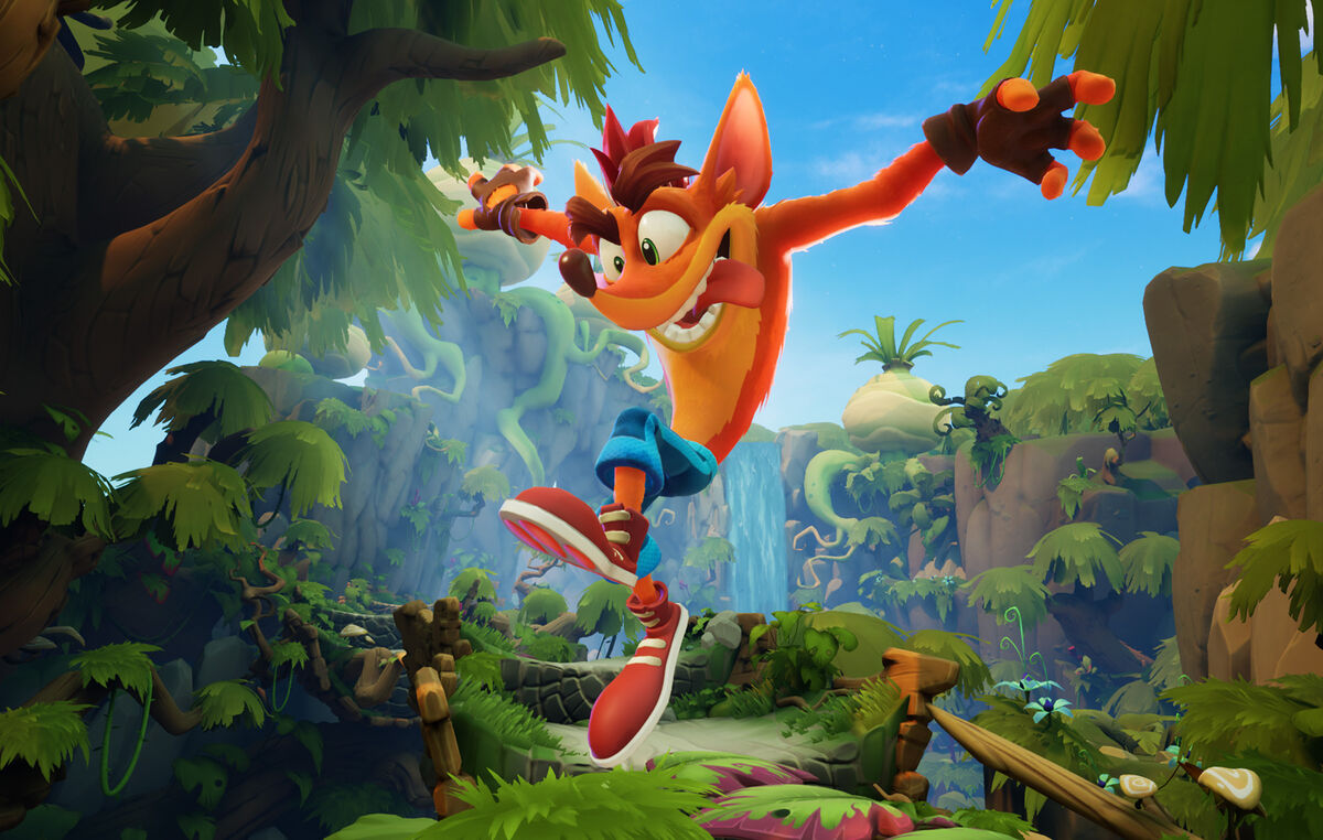 Crash Bandicoot in front of a Jungle background