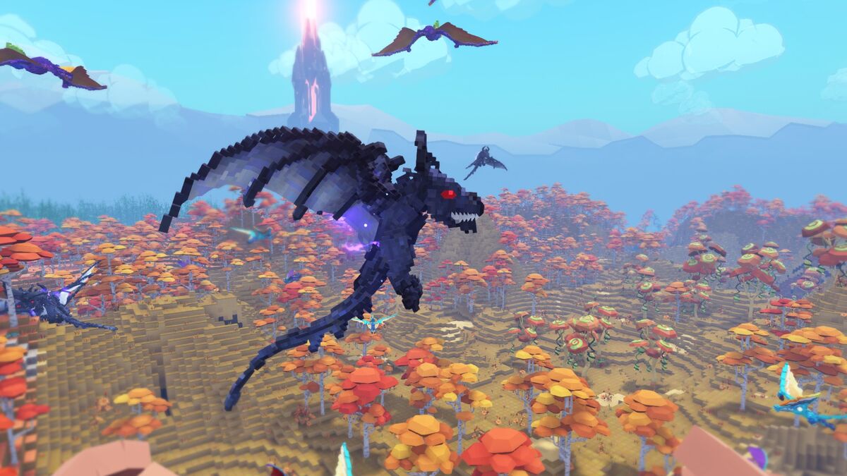 A swarm of black dragons cover the skies of PixARK