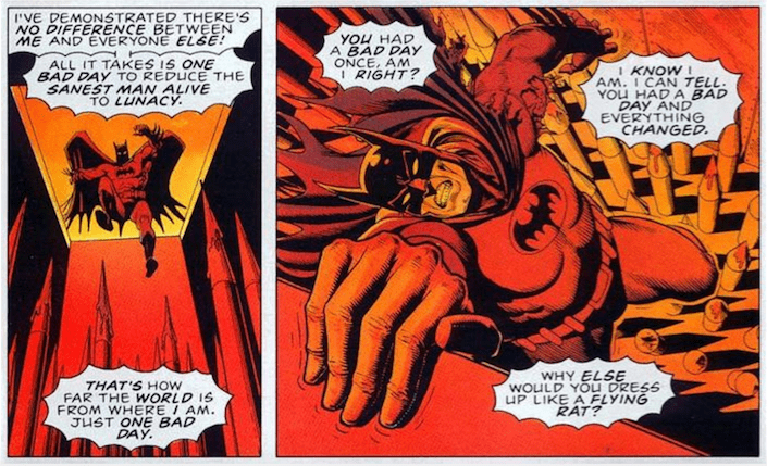 A two-panel excerpt of Batman referencing his costume and personality as a lunatic.