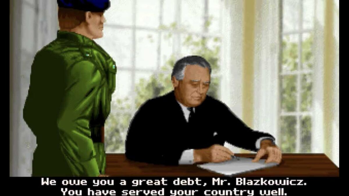 President FDR rewards and congratulates BJ Blazkowicz in the Oval Office