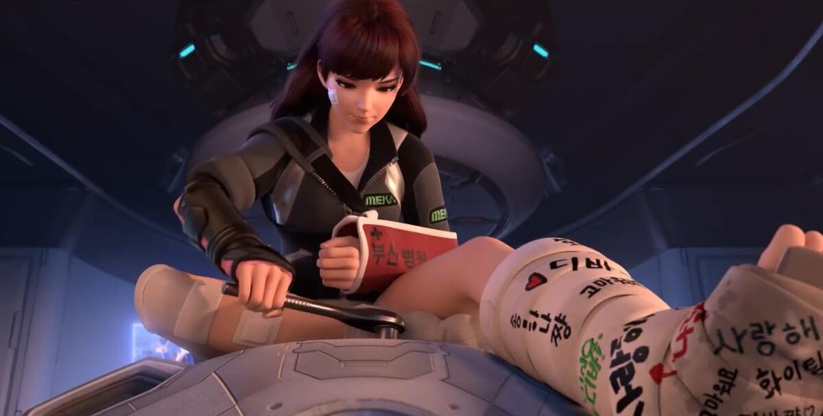 D.va works on her mech while injured.