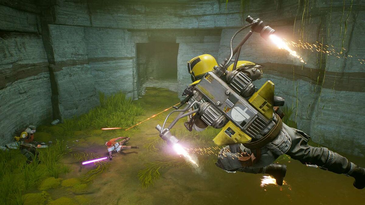 A high flying bounty hunter rains blaster fire at Cal Kestis