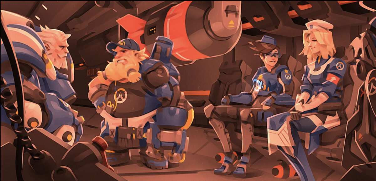 Reinhardt, Torbjorn, Tracer, and Mercy all wearing similar blue outfits.