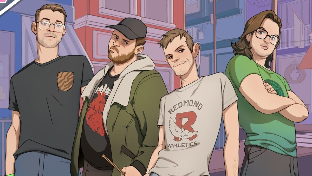 Cartoon-esque drawing of punk band PUP from gay dating sim Dream Daddy