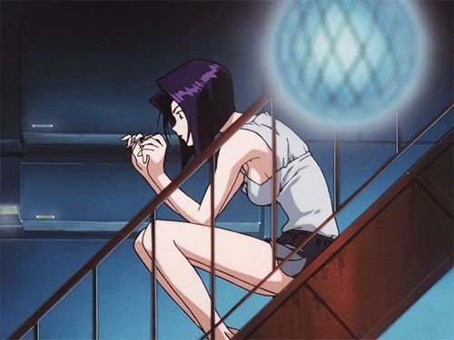 Faye Valentine filing her nails while sitting on a staircase