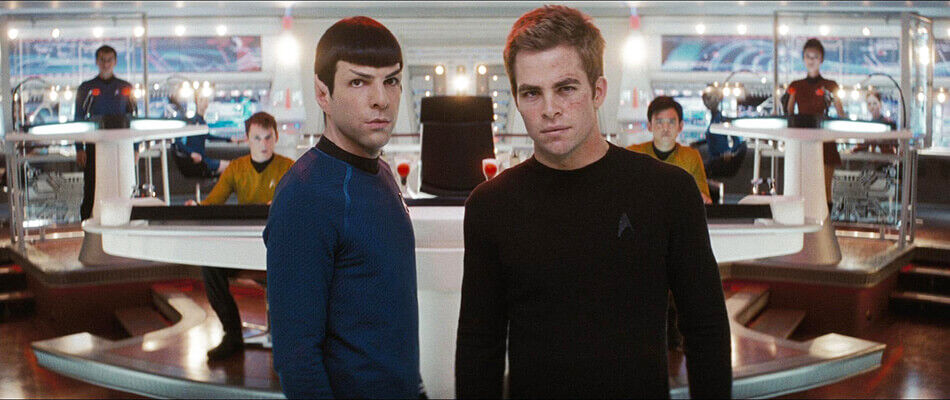 Acting Captain Kirk and Commander Spock on the bridge of the Enterprise, during the final battle with Nero.