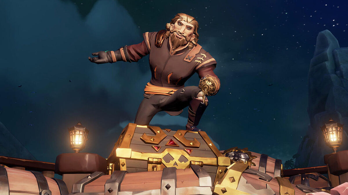 Pirate standing on top of treasure chest