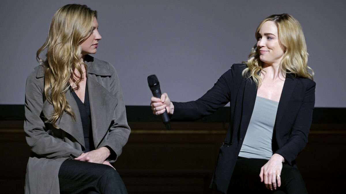 Jes Macallan and Caity Lotz discuss Legends of Tomorrow at a recent press event (Colin Bentley/The CW)