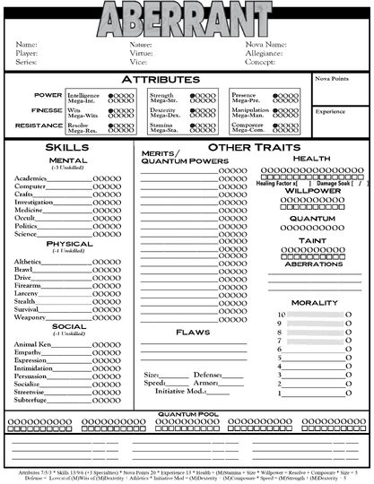 Character Sheet | Aberrant Wikia | FANDOM powered by Wikia