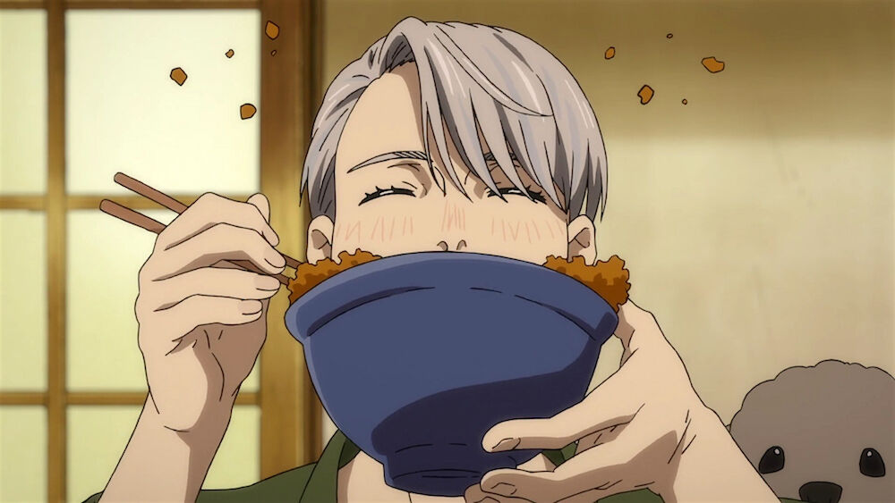 Victor eating a pork cutlet bowl in Yuri on Ice