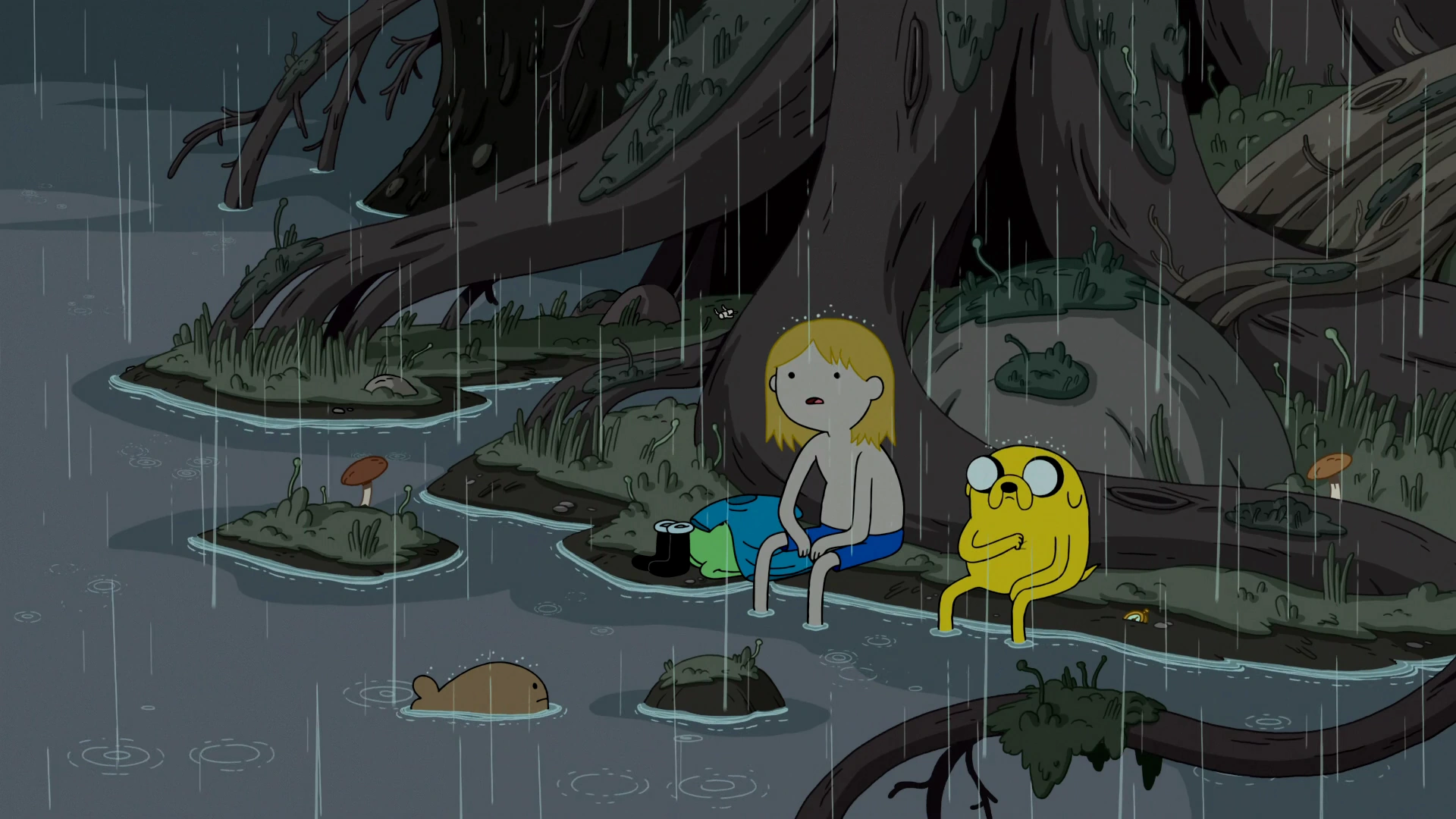 Image S4e23 Finn and Jake sitting in the rain.png Adventure Time