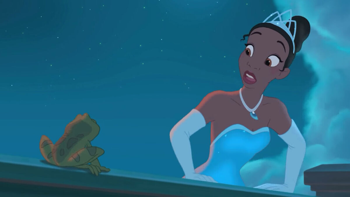 Tiana meets Naveen the Frog Prince after making a wish in The Princess and The Frog.