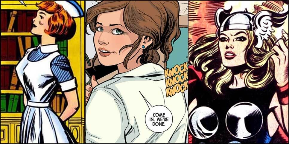 Marvel Comic Panels featuring Jane Foster in 1962, 2014 and 1978