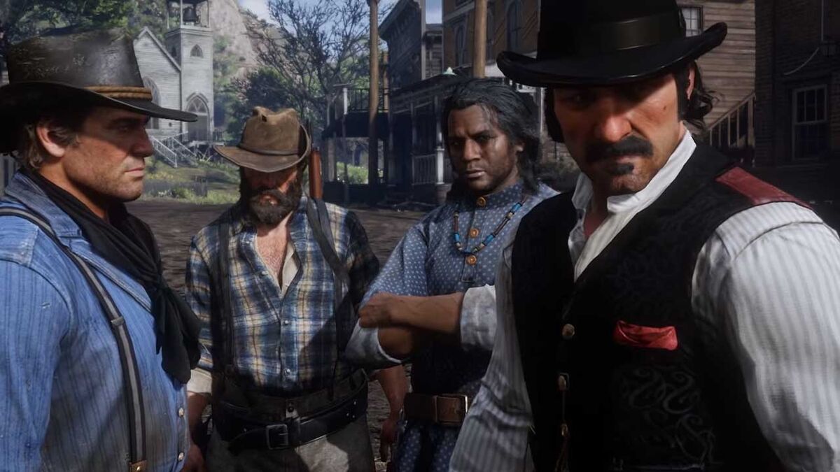 An unknown Native American stands with Arthur Morgan and Dutch Van Der Linde