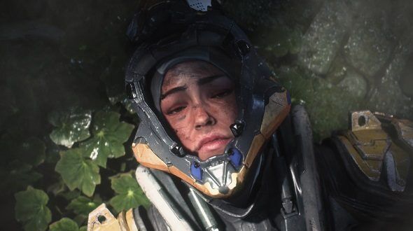 Anthem character laying on the ground looking defeated
