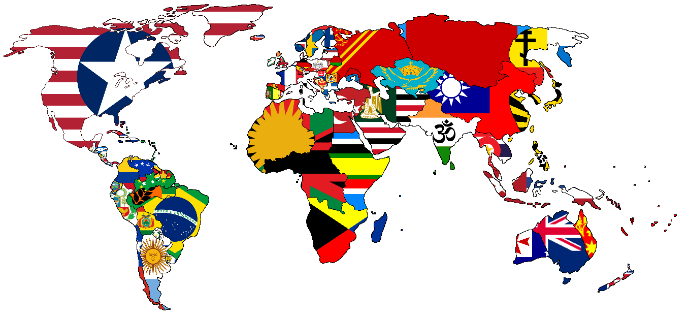 Several countries. Flag Map of the World. Черно белая географическая карта с флагами.