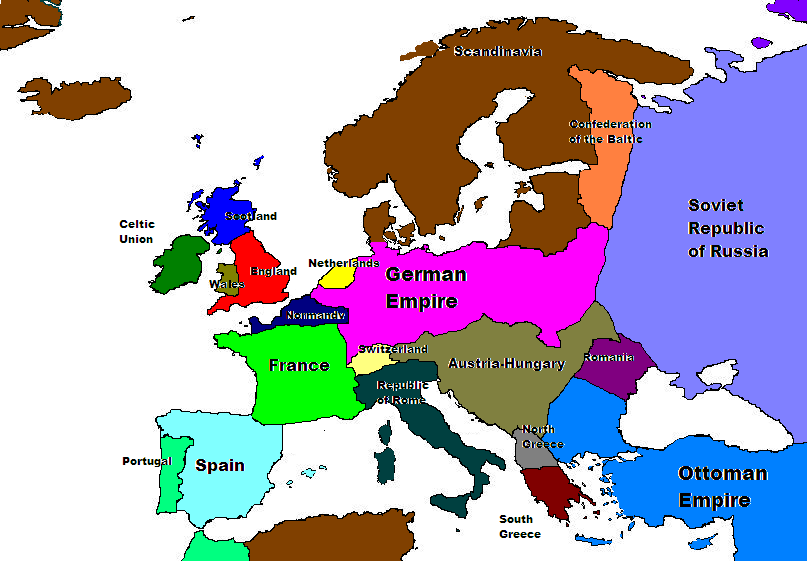 Европа 1918. Celtic Union. Hanoverian Alliance Map.