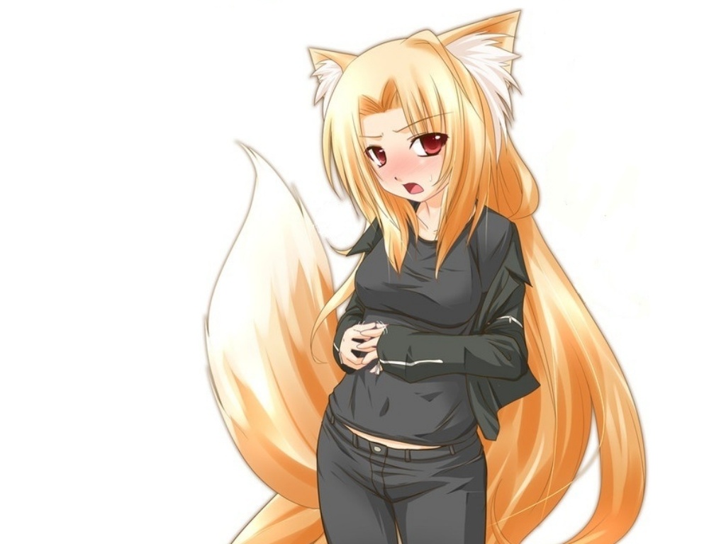 White Hair Anime Girl With Wolf Ears And Tail