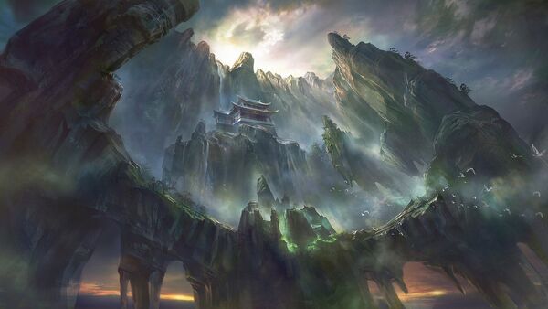 1920x1080 px artwork Asian Architecture digital art fantasy Art mountain Pagoda Rock Formation-610886.jpg!d