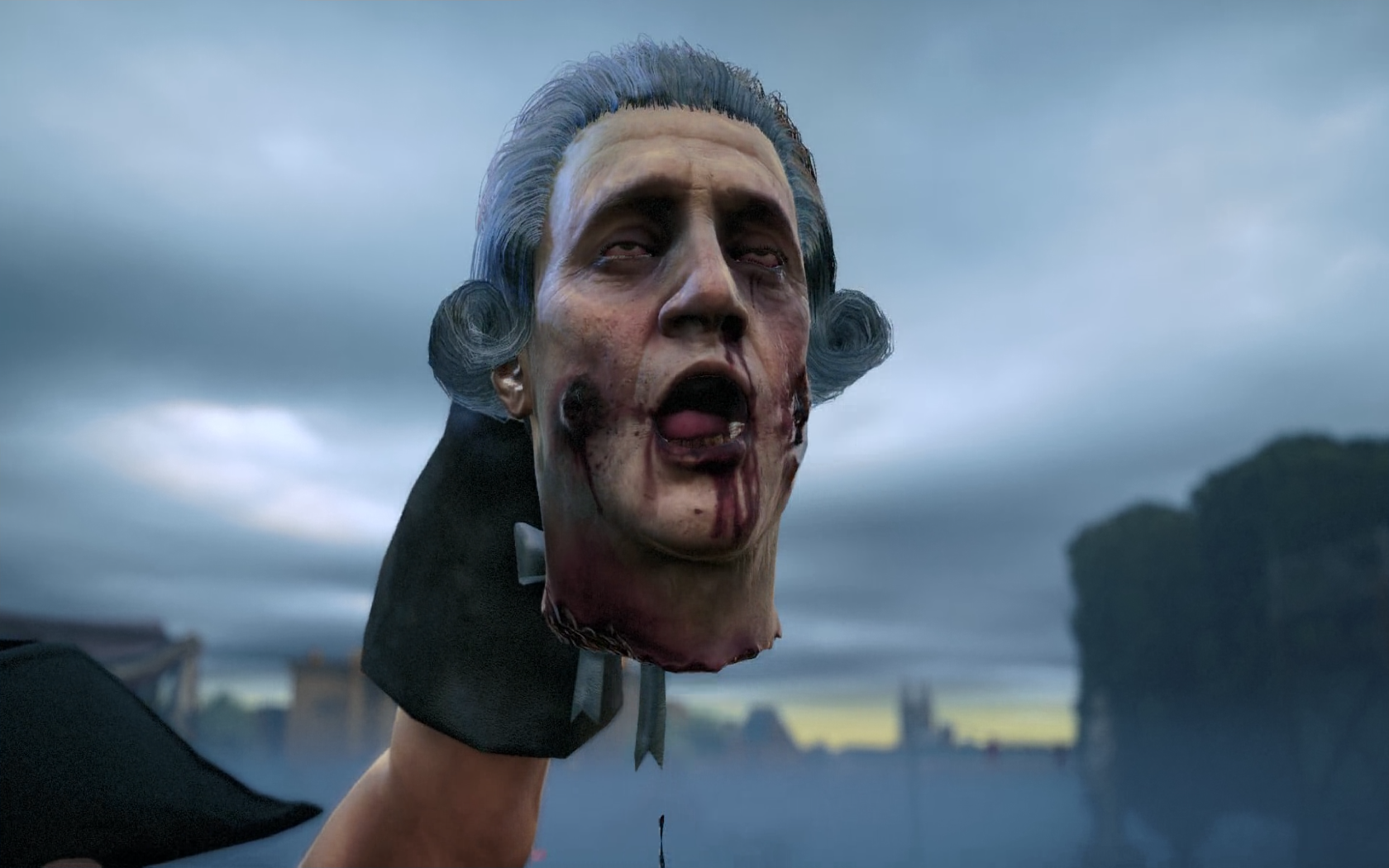 Robespierre, tras ser guillotinado. Imagen del juego Assassin's Creed: Unity.